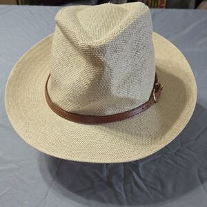 Beige Womens Paper Braid Brown Leatherette Fedora Hat